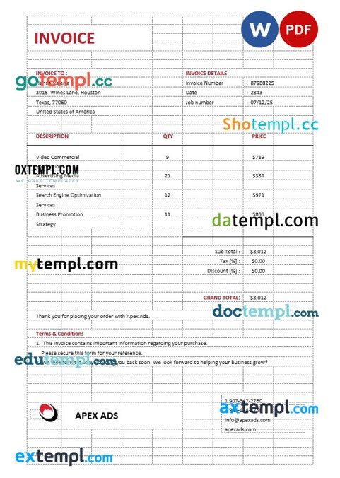 Advertising Consultant Invoice example in word and pdf format