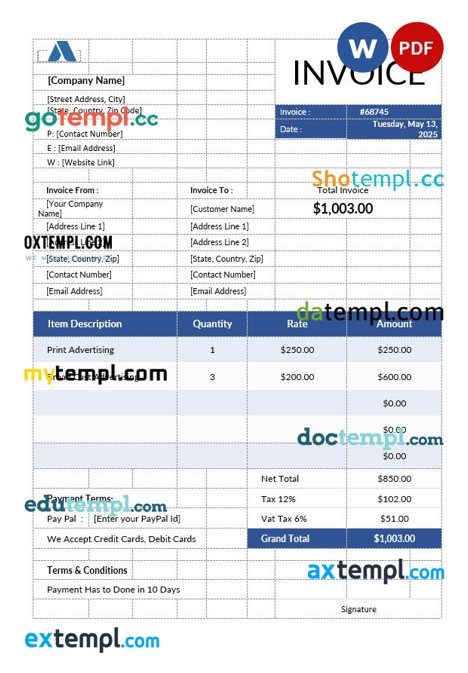 Advertising Invoice example in word and pdf format