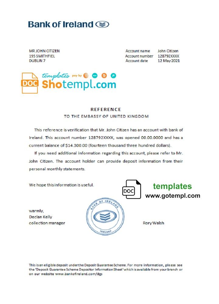 Irish Bank of Irish account balance reference letter example in Word and PDF format
