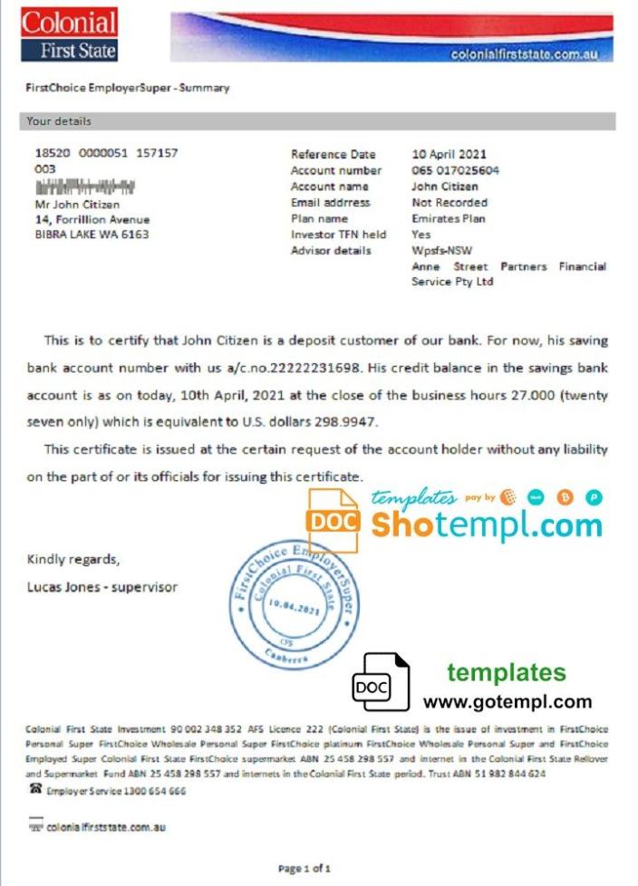 Australian Colonial First State bank account reference letter example in Word and PDF format
