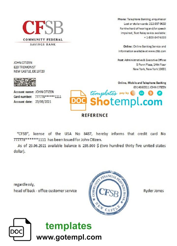 USA CFSB bank account reference letter example in Word and PDF format