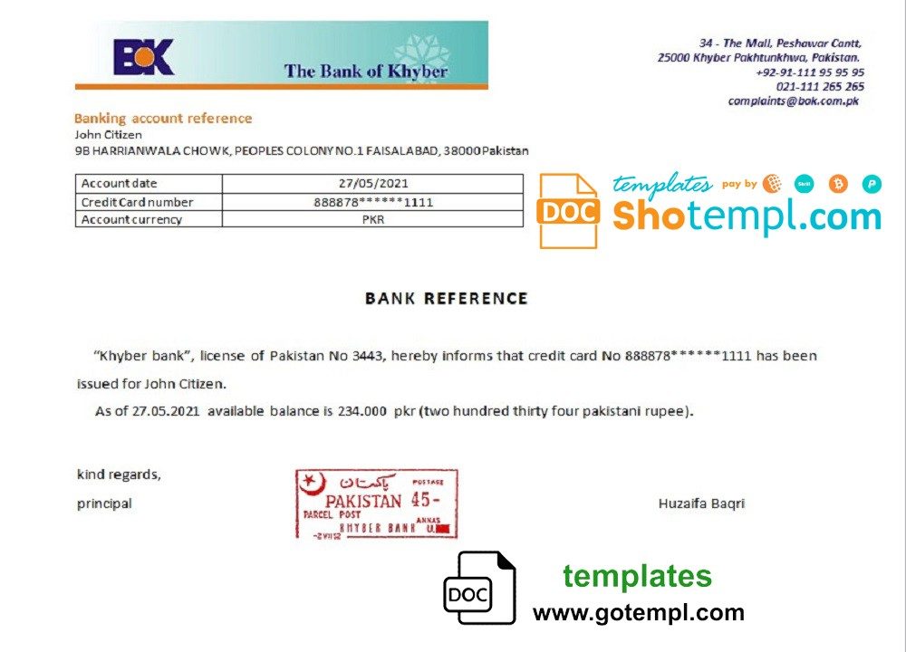 Pakistani Khyber bank account reference letter example in Word and PDF format