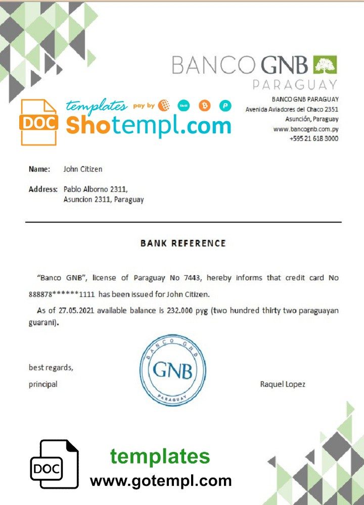 Paraguayan Banco GNB bank account reference letter example in Word and PDF format