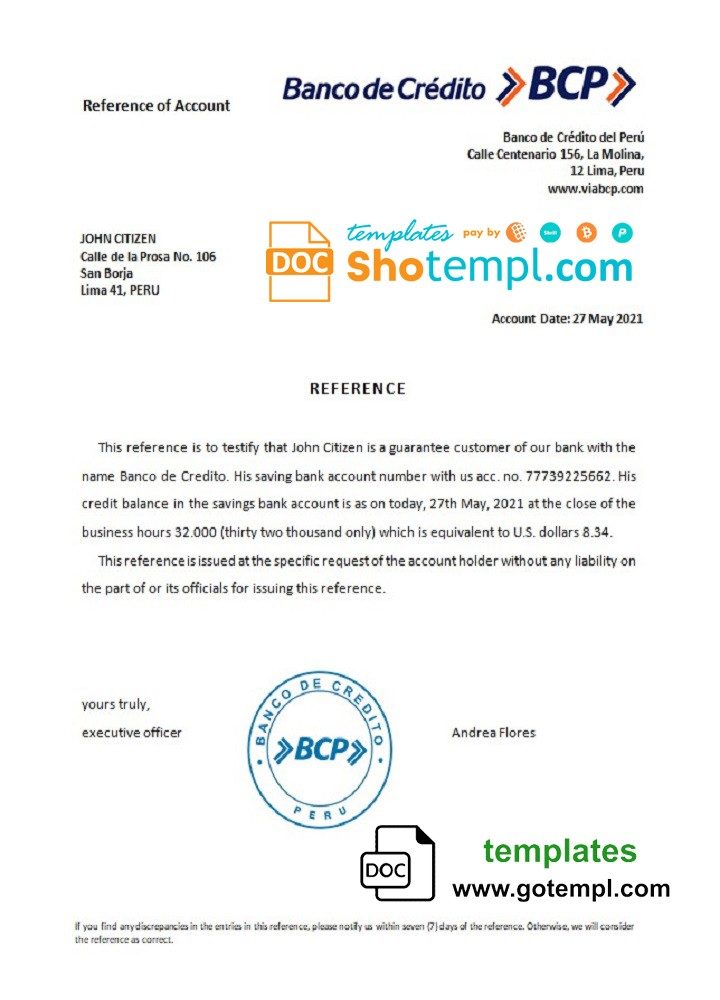 Peruvian Banco de Credito bank account reference letter example in Word and PDF format