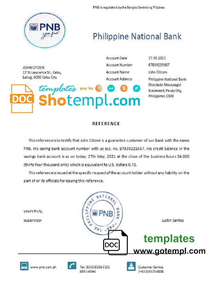 Filipino Philippine National Bank bank reference letter example in Word and PDF format