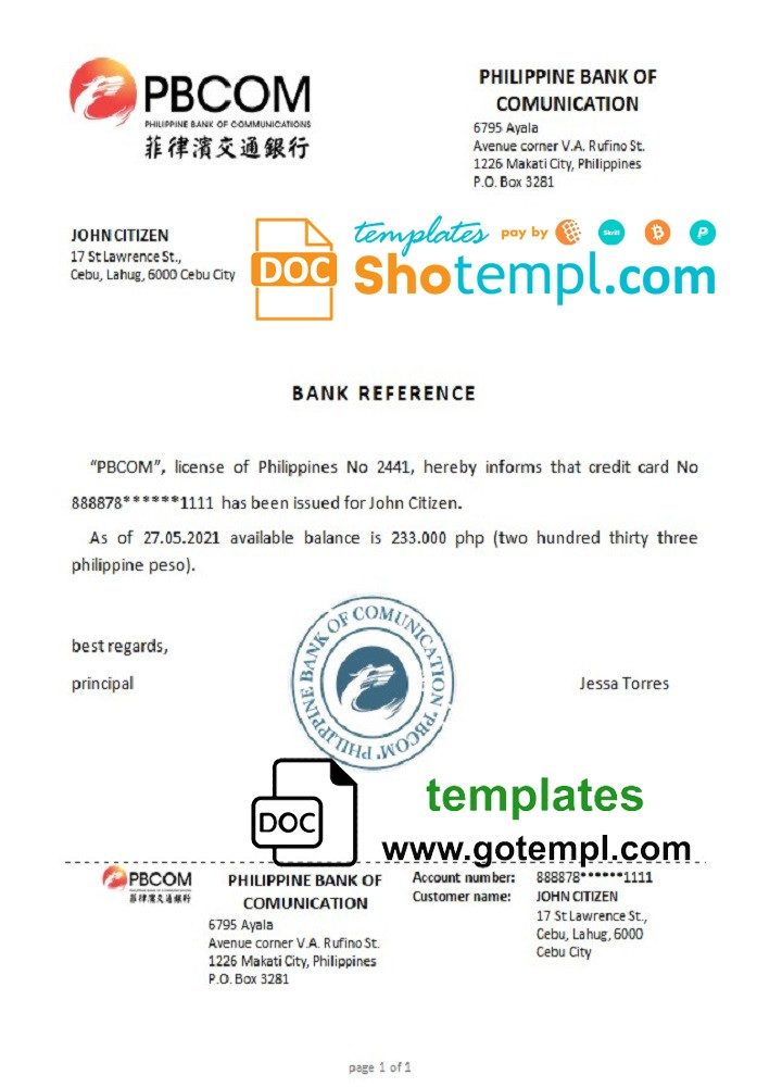 Filipino Pilippine Bank of Comunication bank reference letter example in Word and PDF format