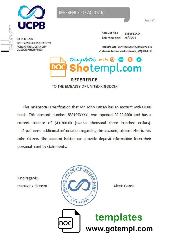 Filipino UCPB bank reference letter example in Word and PDF format