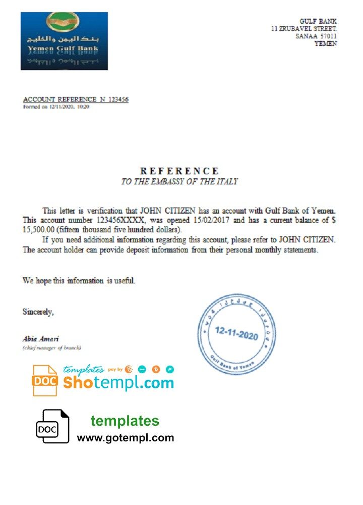 Yemeni Gulf bank account reference letter example in Word and PDF format