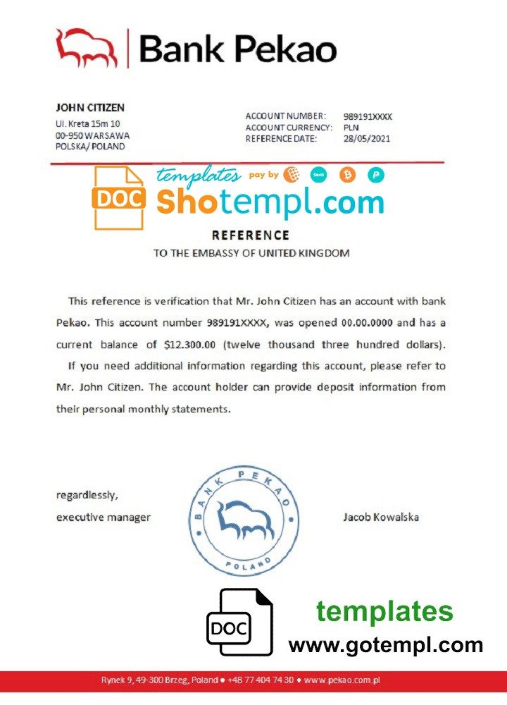Polish Bank Pekao reference letter example in Word and PDF format