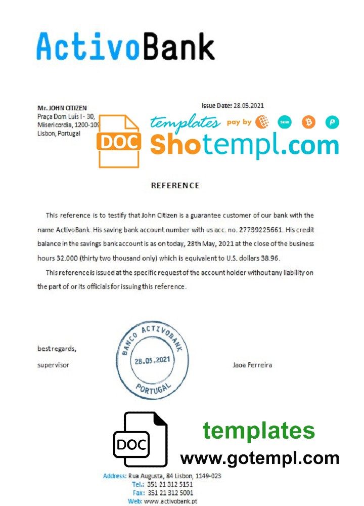 Portuguese Activobank bank account reference letter example in Word and PDF format