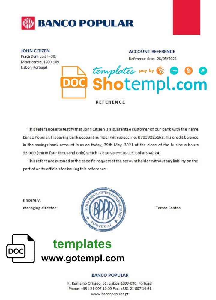 Portuguese Banco Popular bank account reference letter example in Word and PDF format