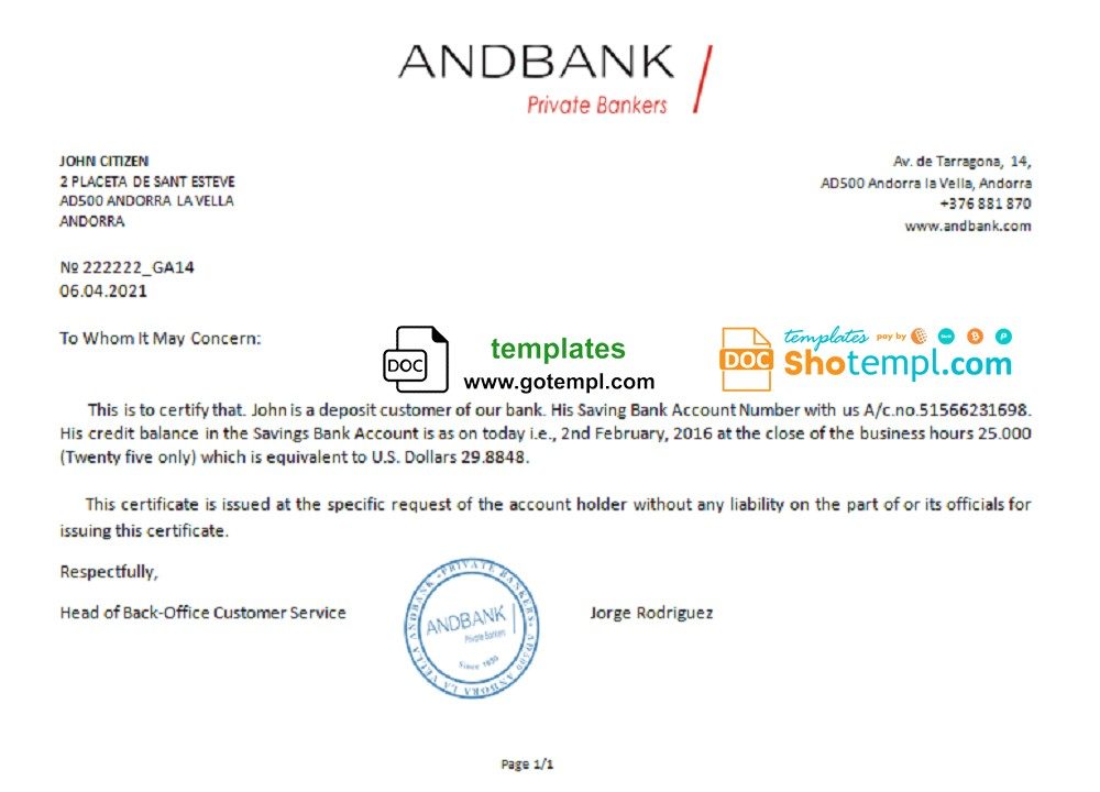 Andorran Andbank account reference letter example in Word and PDF format