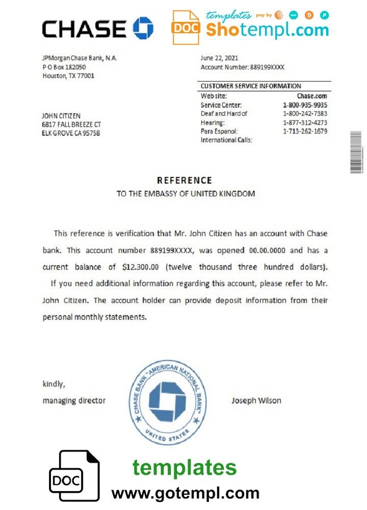 USA Chase bank reference letter example in Word and PDF format