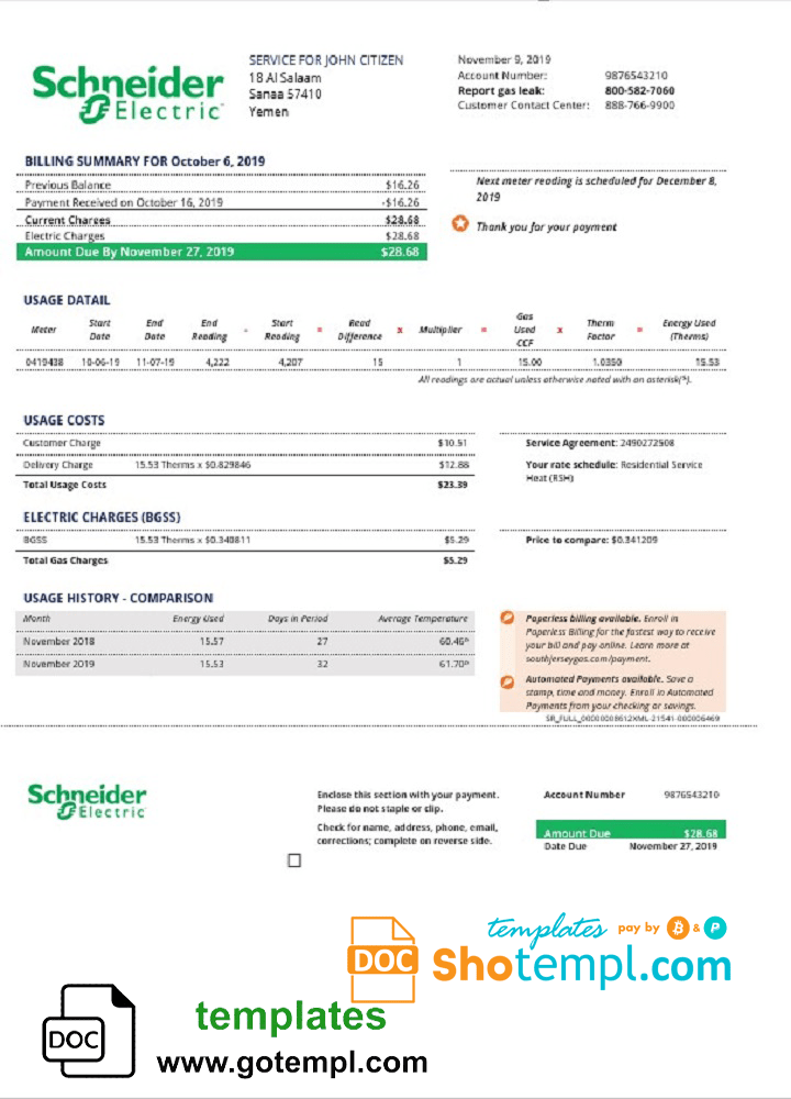 Yemeni Schneider Electric utility bill download example in Word and PDF format