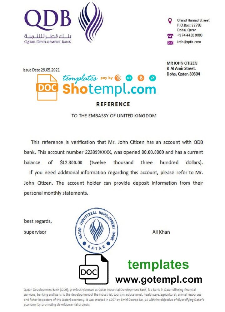 Qatari Development Bank bank account reference letter example in Word and PDF format