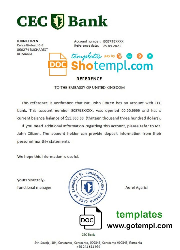 Romanian CEC Bank bank account reference letter example in Word and PDF format