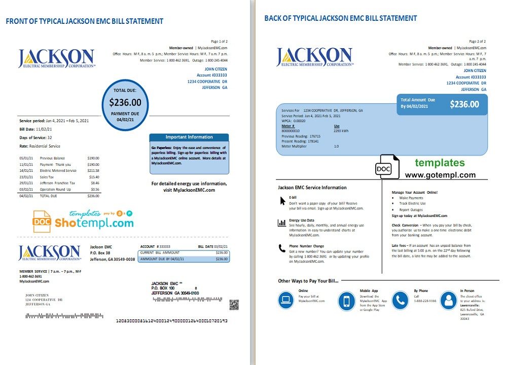 USA Georgian JACKSON EMC utility bill download example in Word and PDF format (2 pages)