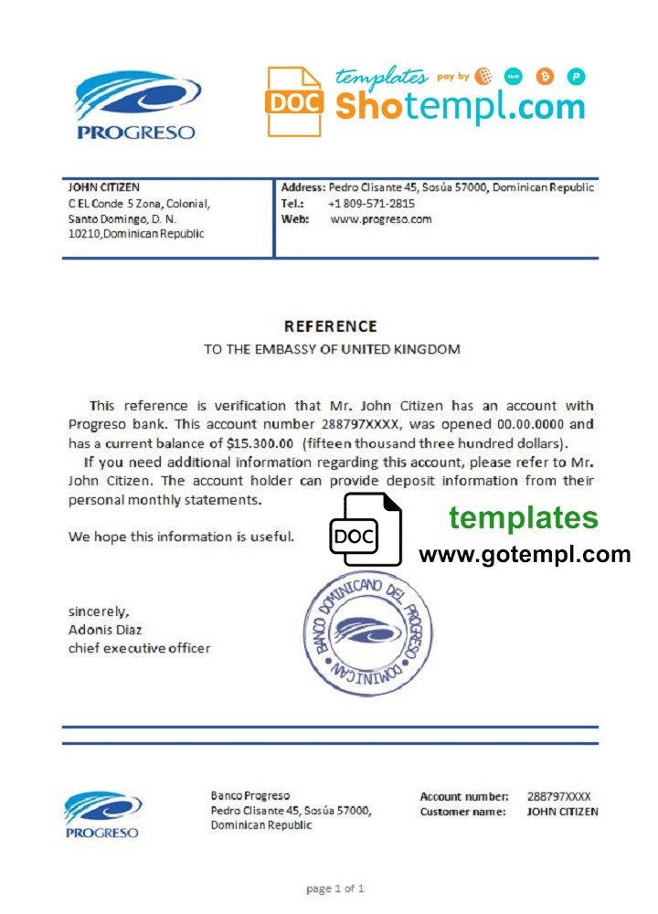 Dominicann Republic Banco Progreso bank account balance reference letter example in Word and PDF format