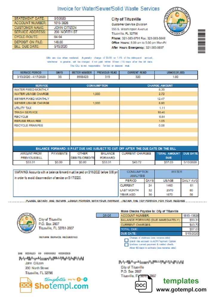 USA City of Titusville Florida utility bill download example in Word and PDF format (.doc and .pdf)