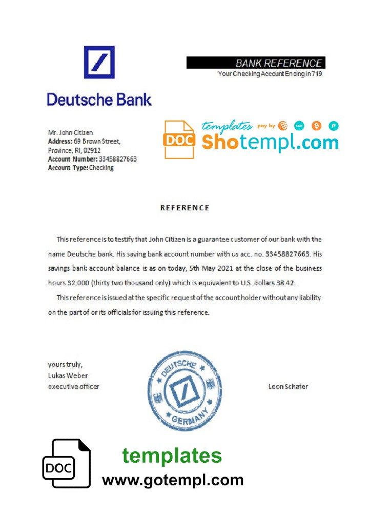 German Deutsche bank account reference letter example in Word and PDF format
