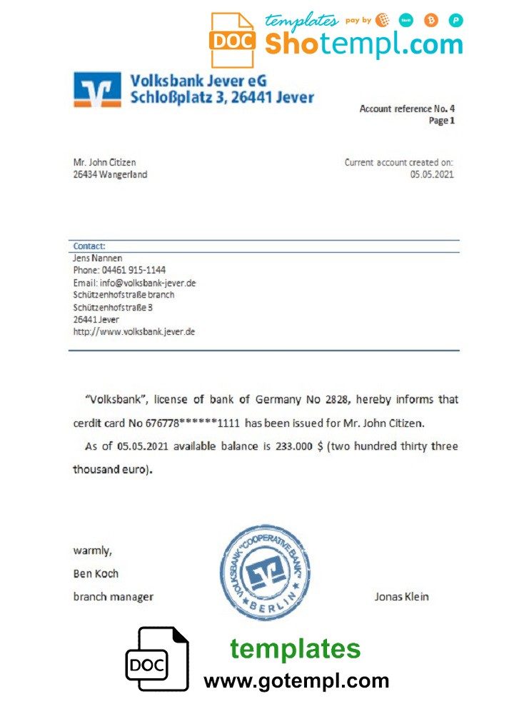 German Volksbank bank account reference letter example in Word and PDF format