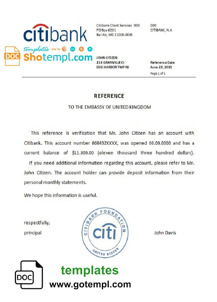 USA Citibank bank account reference letter example in Word and PDF format