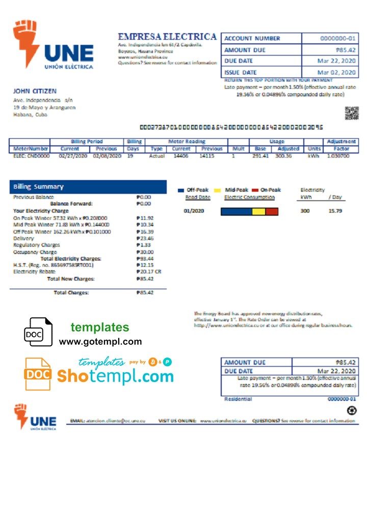 Cuban Empresa Electrica utility bill download example in Word and PDF format