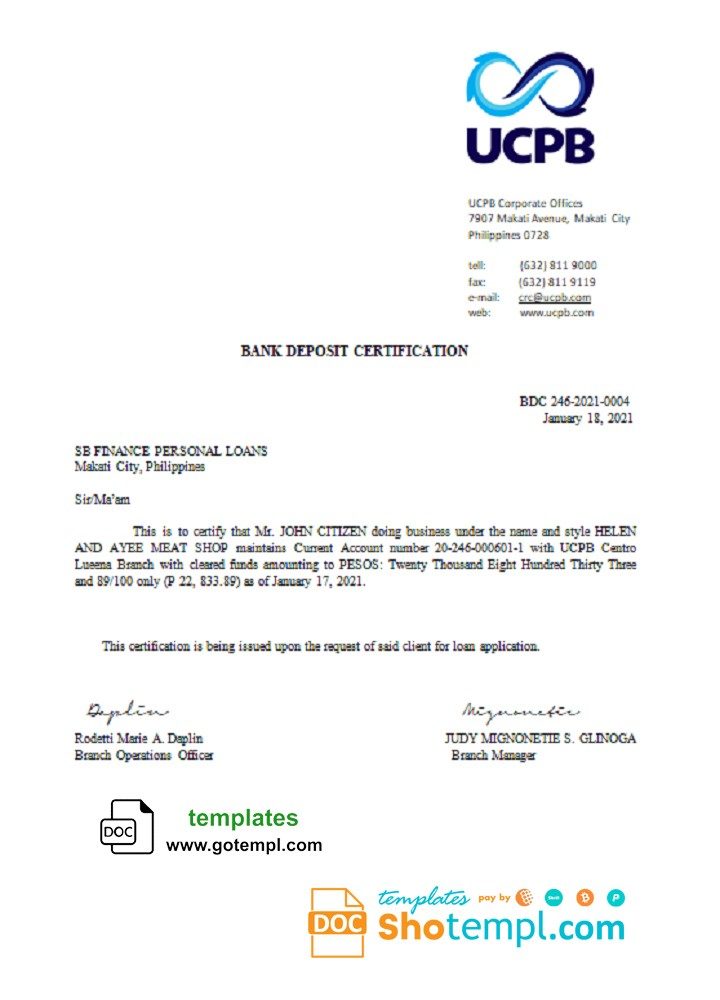 Filipino UCPB bank deposit certification letter in Word and PDF format