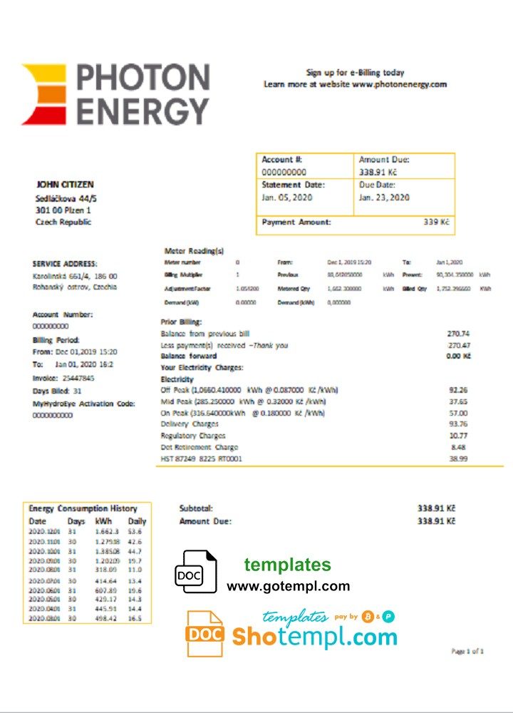 Czech Photon Energy utility bill download example in Word and PDF format