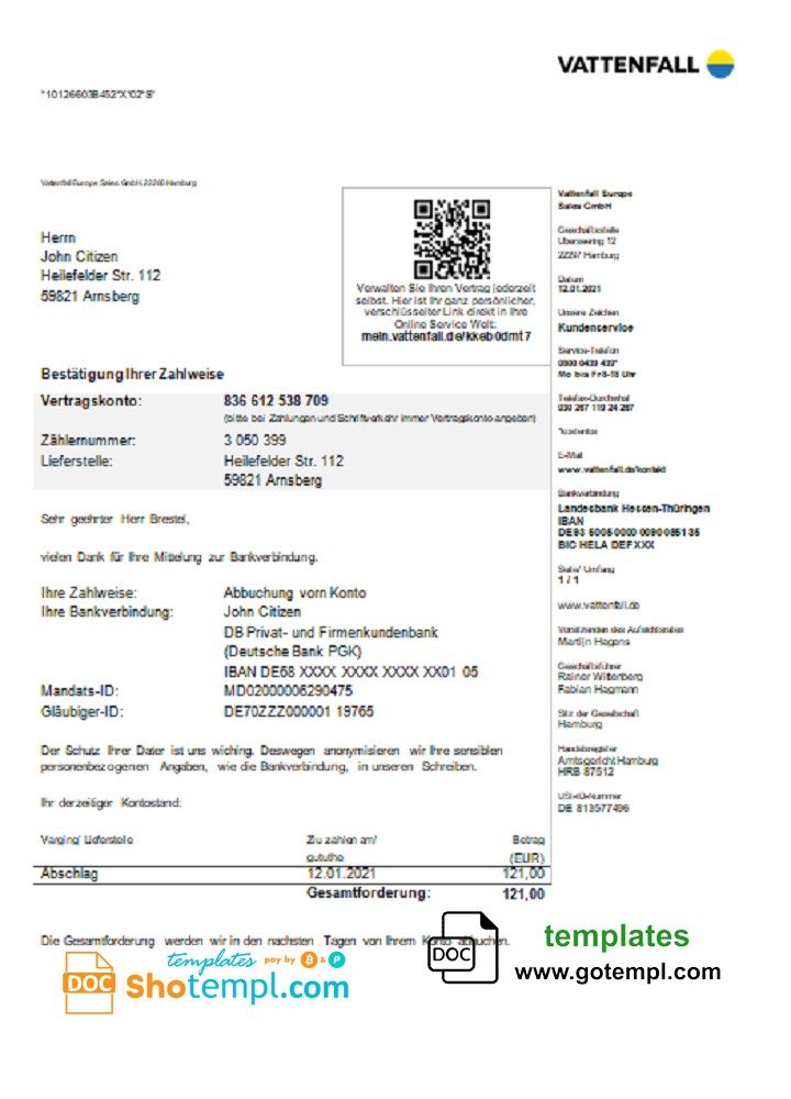 German VATTENFALL utility bill download example in Word and PDF format (in German language)