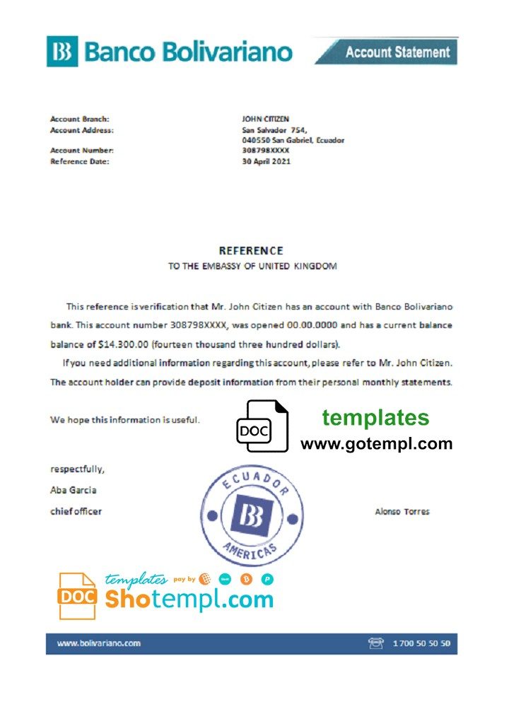 Ecuadorian Banco Bolivariano bank account balance reference letter example in Word and PDF format