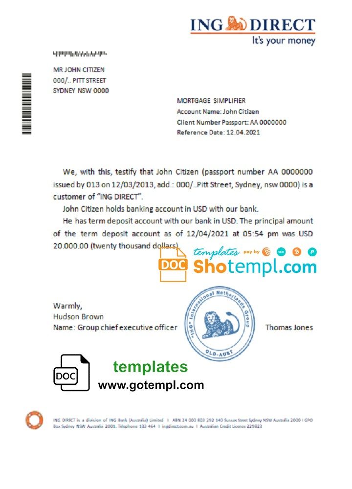 Australian ING Direct bank account reference letter example in Word and PDF format