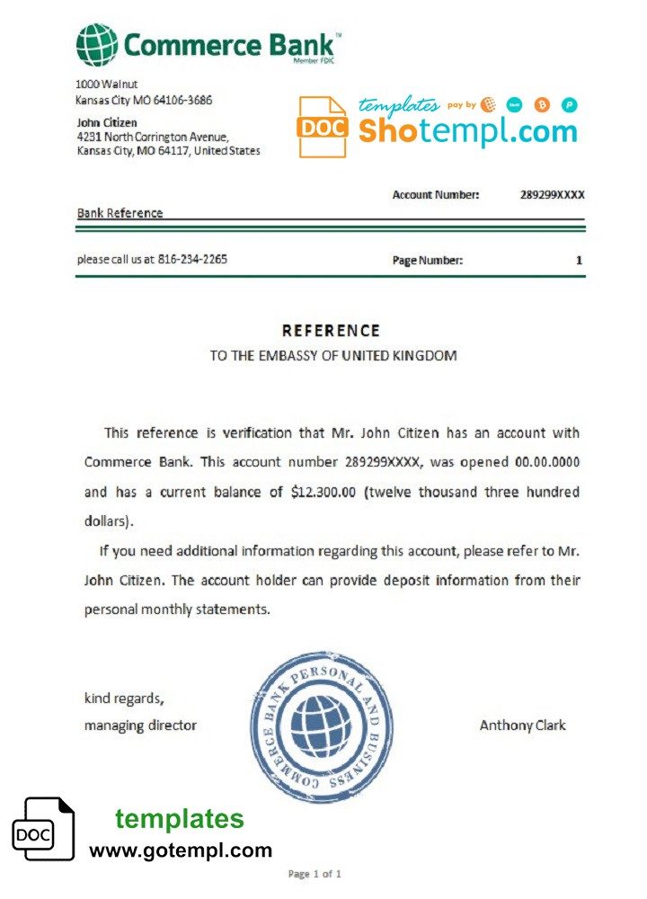 USA Commerce Bank bank account reference letter example in Word and PDF format