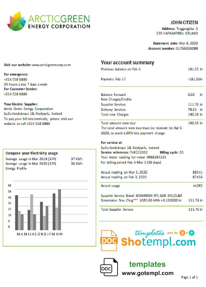 Icelandic Arctic Green Energy Corporation electricity utility bill download example in Word and PDF