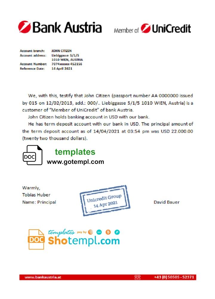 Austrian Bank Austrian account reference letter example in Word and PDF format