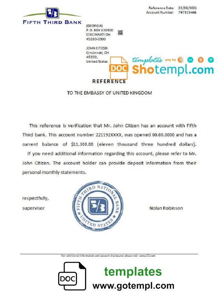 USA Fifth Third Bank bank account reference letter example in Word and PDF format