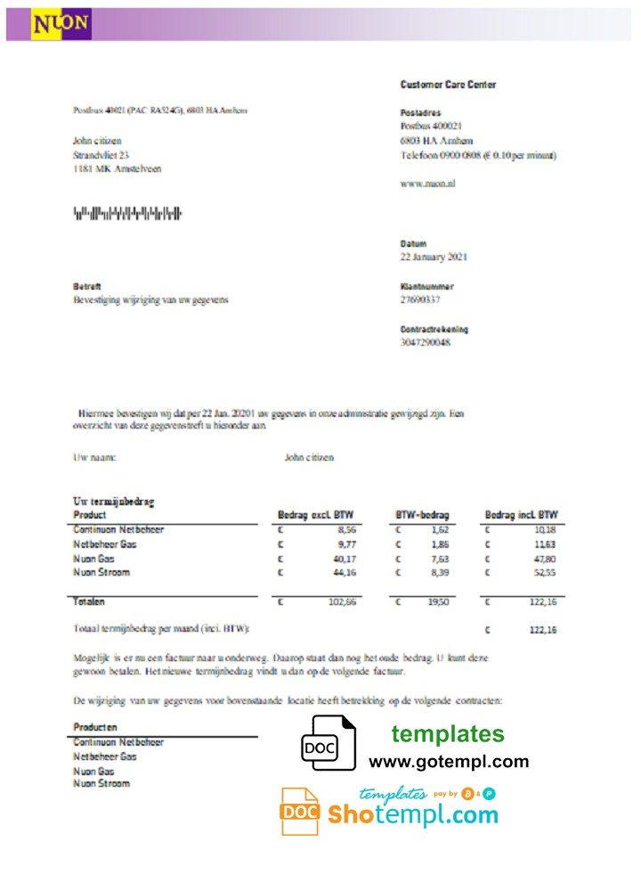 Netherlands NUON gas utility bill download example in Word and PDF format in Dutch language
