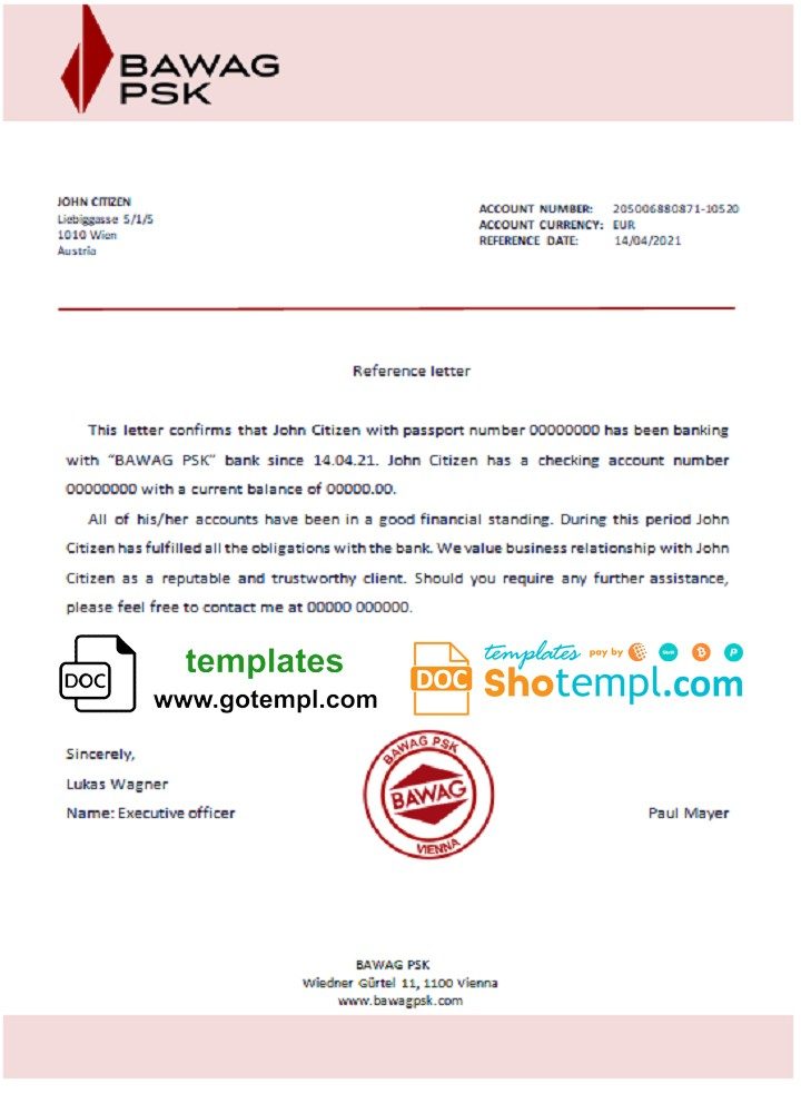 Austrian BAWAG PSK bank account reference letter example in Word and PDF format