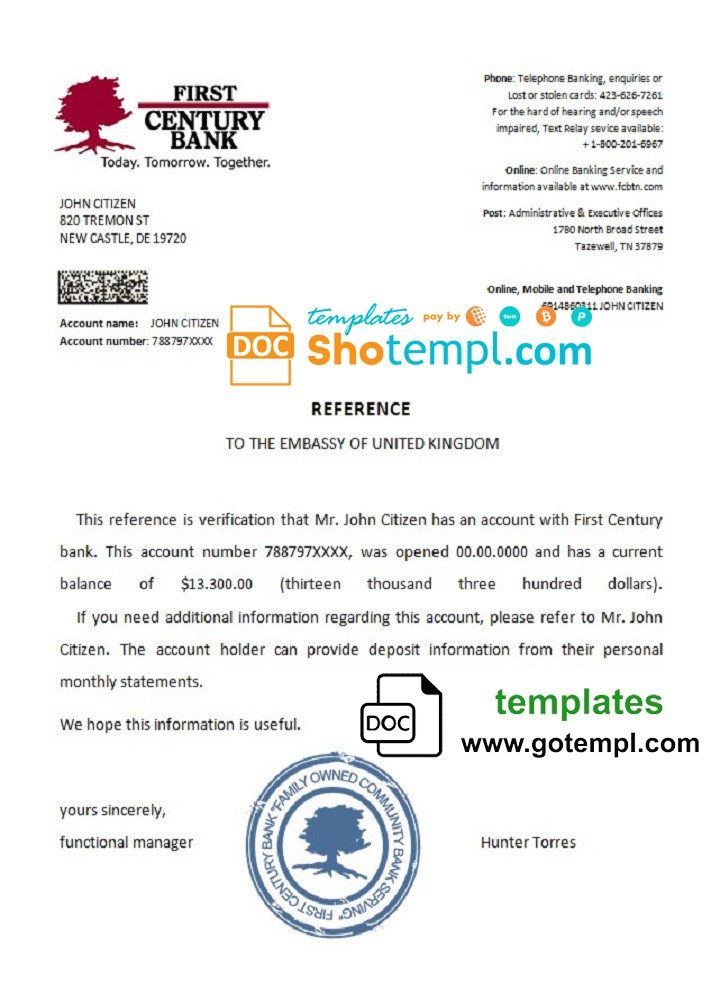 USA First Century Bank bank account reference letter example in Word and PDF format
