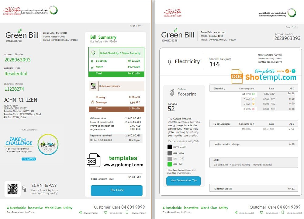 United Arab Emirates Dubai Electricity & Water Authority utility bill template in Word and PDF format (4 pages)