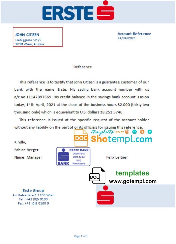 Austrian Erste bank account reference letter example in Word and PDF format
