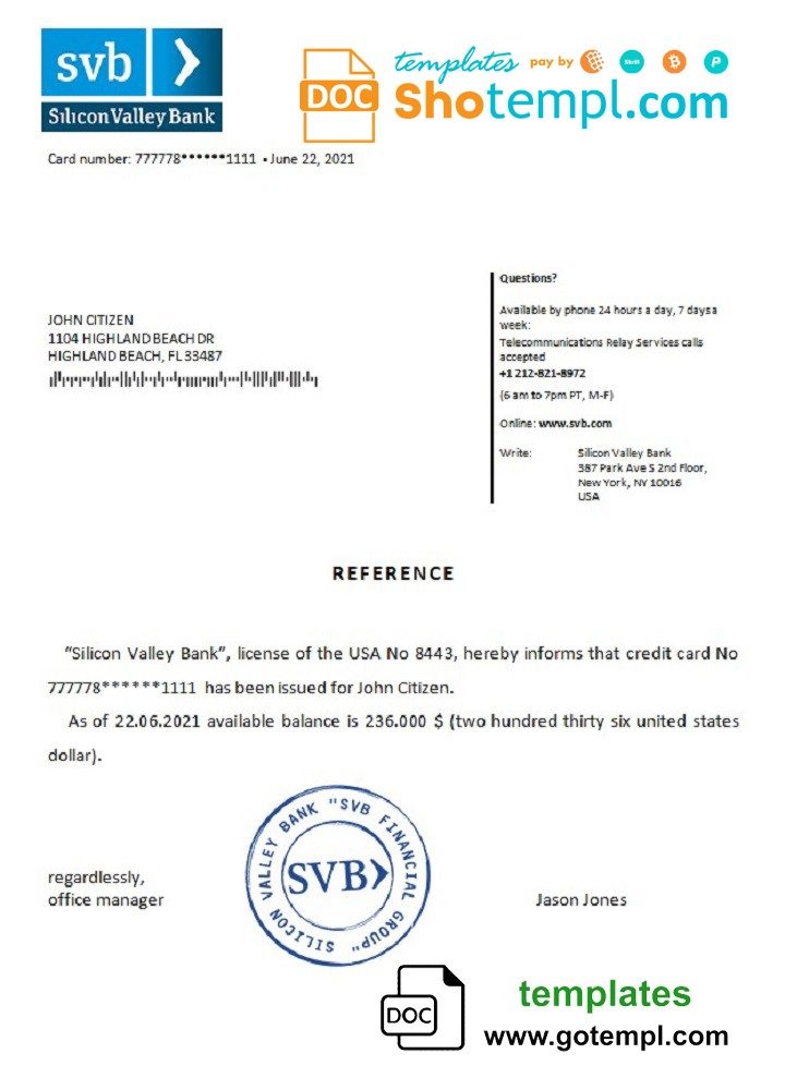 USA Silicon Valley Bank bank account reference letter example in Word and PDF format
