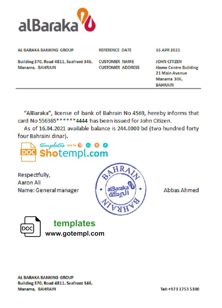 Bahraini Al Baraka bank account reference letter example in Word and PDF format