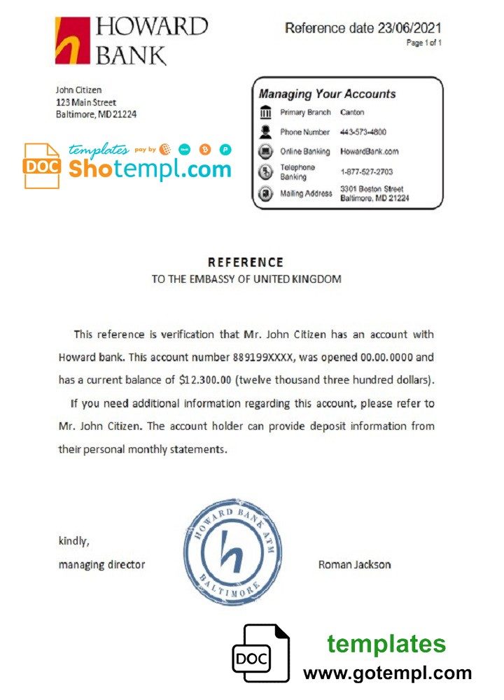 USA Howard Bank bank account reference letter example in Word and PDF format
