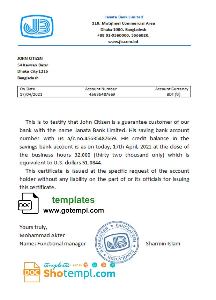 Bangladeshi Janata bank account reference letter example in Word and PDF format