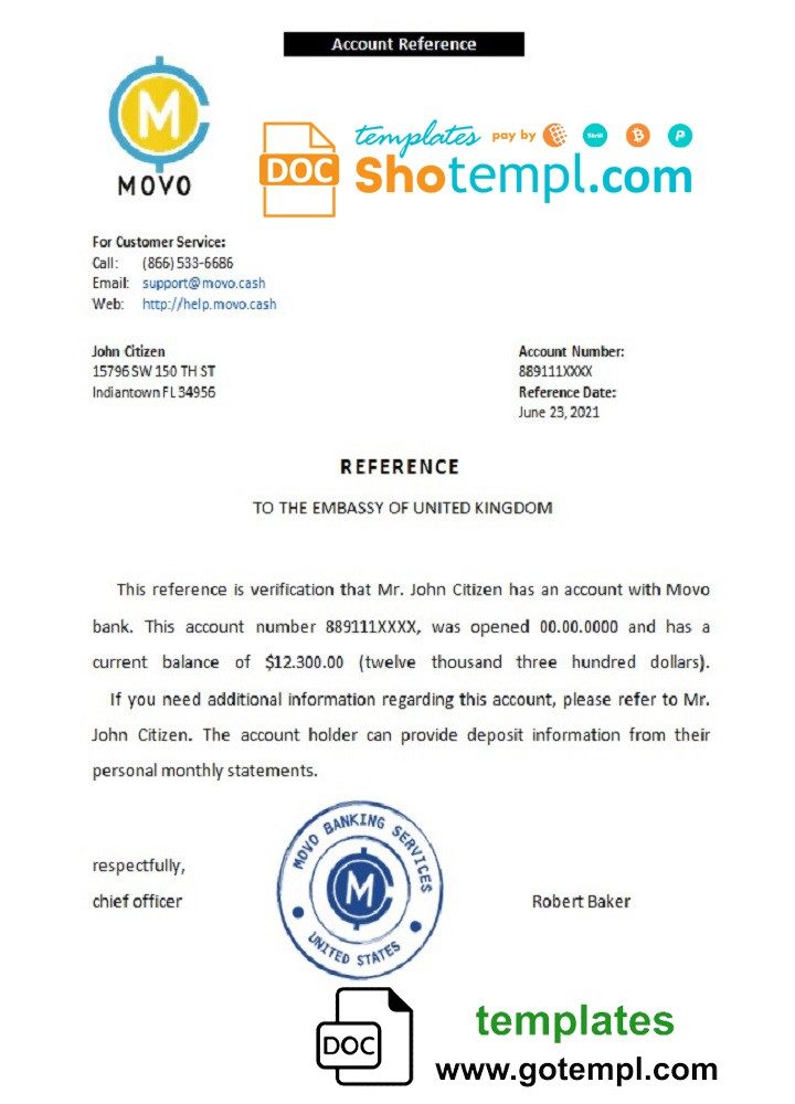 USA Movo bank account reference letter example in Word and PDF format