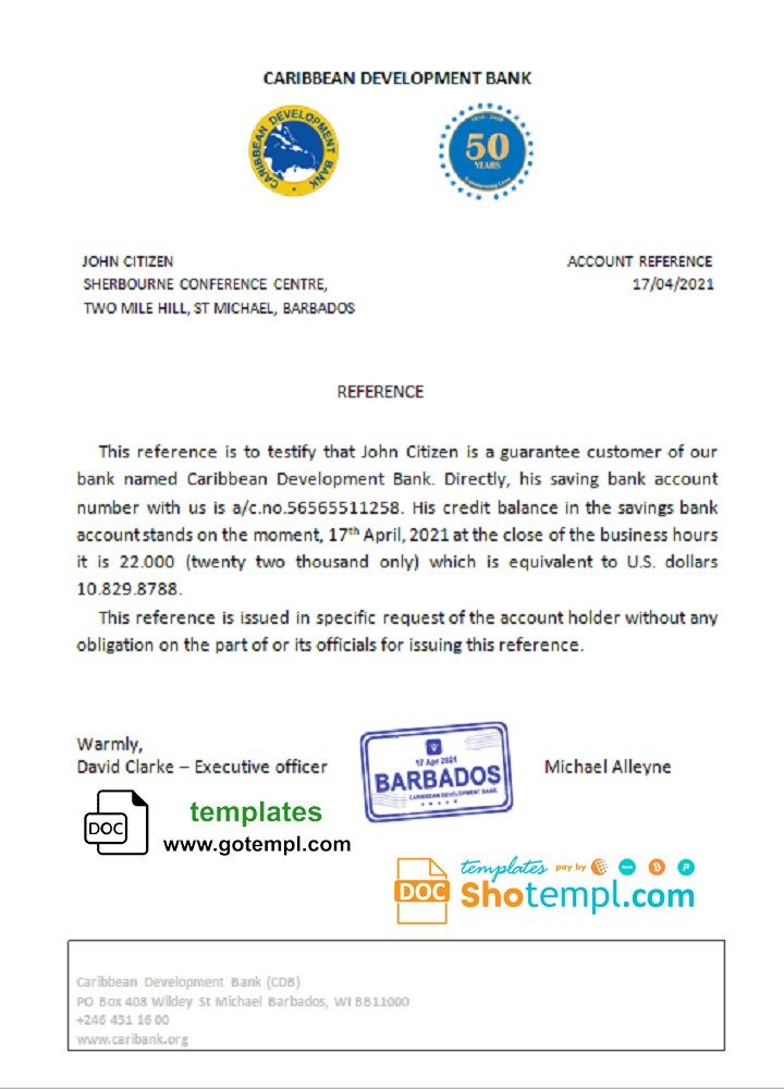 Barbadian Caribbean Development Bank reference letter example in Word and PDF format