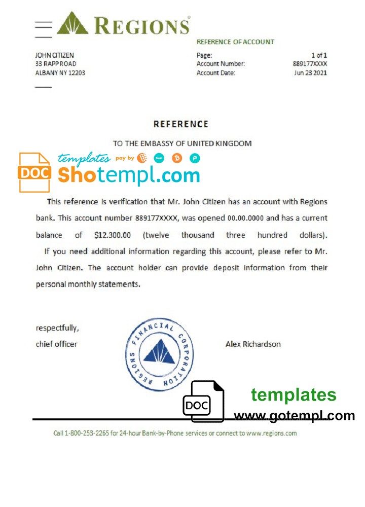 USA Regions bank account reference letter example in Word and PDF format