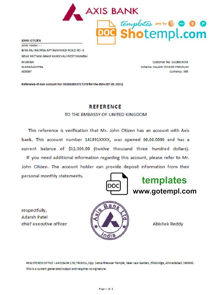 Indian Axis bank reference letter example in Word and PDF format