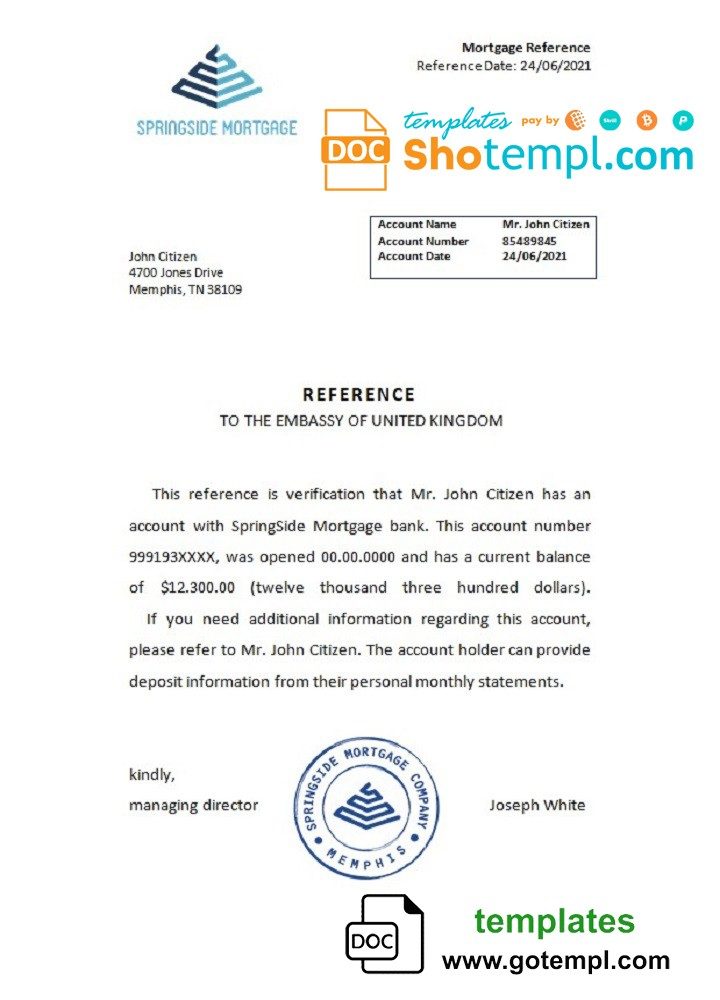 USA Springside Mortgage bank account reference letter example in Word and PDF format